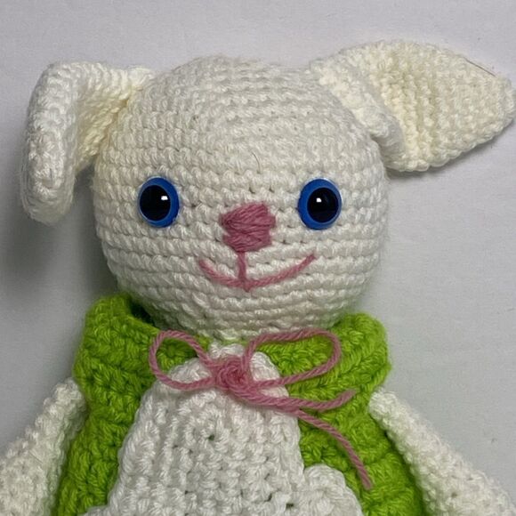 Handmade White Bunny Green Dress Button Eyes Pink Nose Mouth Bow - Picture 6 of 12